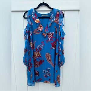 Alice & Olivia Floral Shift‎ Dress Cut-Out Ruffle Sleeve Blue Viscose Silk Sz M